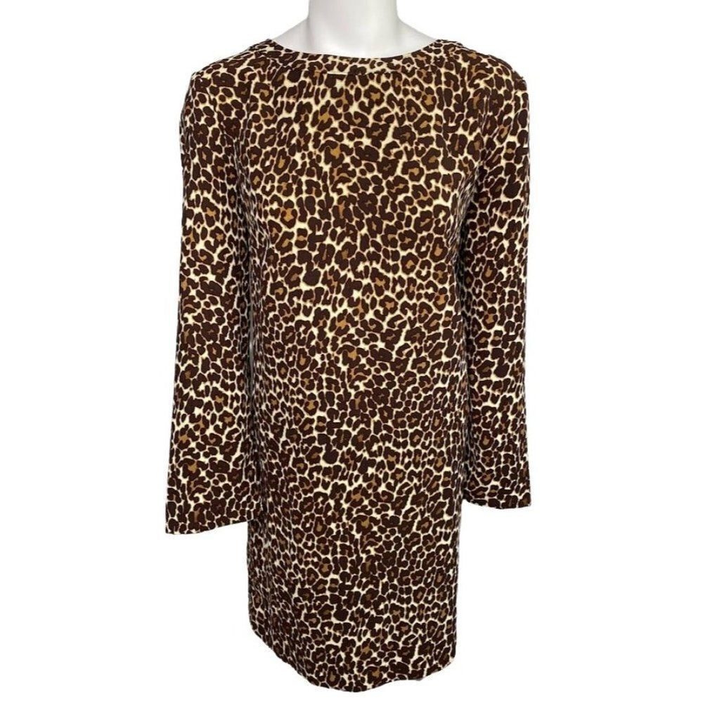 J Crew Animal Print Cheetah Crepe Long Sleeve‎ Shift Dress sz 12 NEW